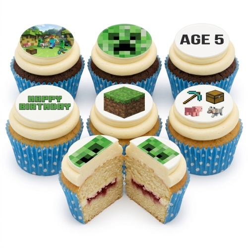 Assortment of Minecraft theme birthday cupcakes with edible toppers, including Creeper face, game scene, grass block, tools, and custom age and Happy Birthday messages.
