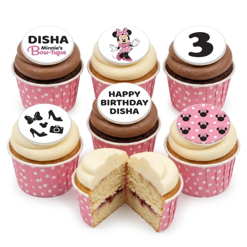 Minnie Mouse themed birthday cupcakes with custom age topper and personalised message, in pink polka dot wrappers.