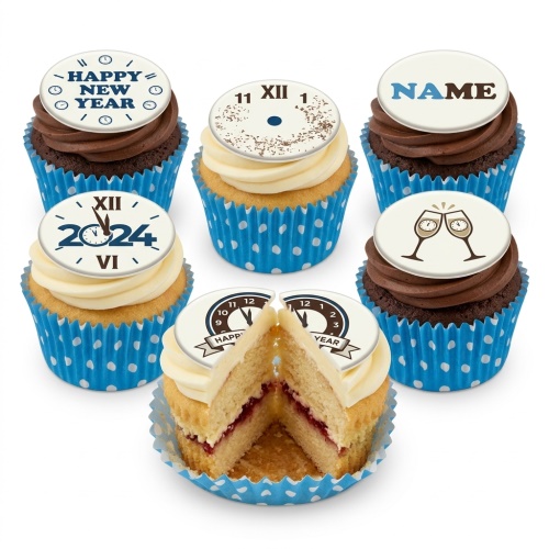 Festive New Year cupcakes with clock and champagne glass toppers, featuring a personalised name option.