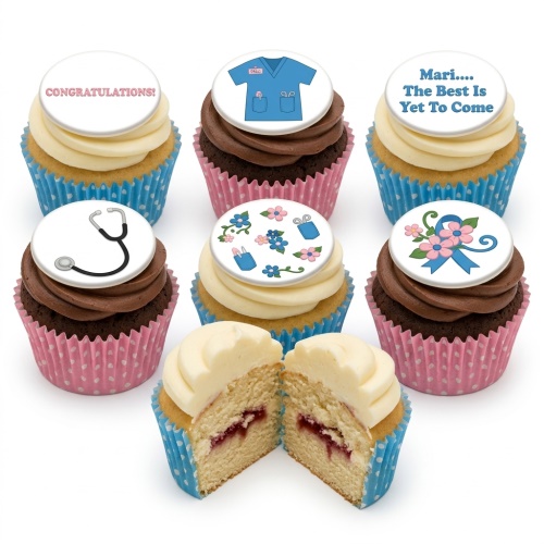 Vanilla and chocolate cupcakes with white icing and edible toppers featuring nurse scrubs, stethoscopes, and floral designs.