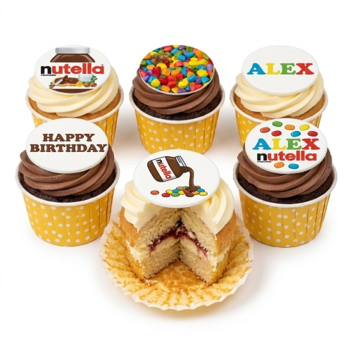 Six cupcakes in yellow polka dot cases, some with vanilla and some with chocolate frosting. Toppers feature Nutella jars, colourful candies, and 'Happy Birthday' text.