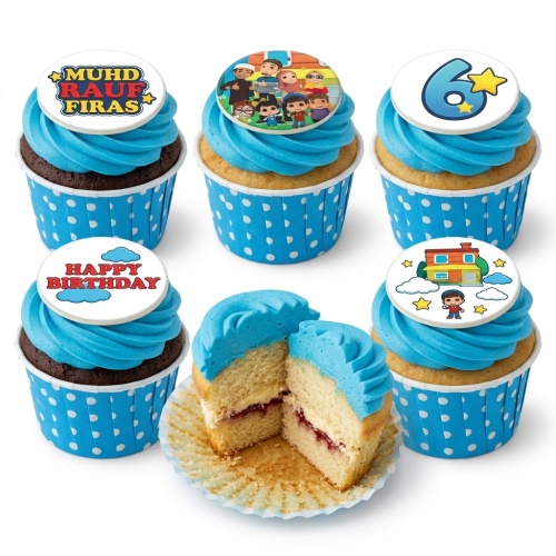 Kids birthday cupcakes with blue frosting, polka dot wrappers, and custom cartoon character and age toppers.