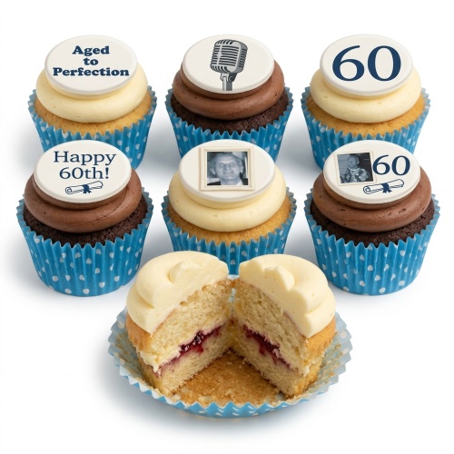 Six custom photo birthday cupcakes with 'Aged to Perfection', microphone, and 'Happy 60th!' toppers.