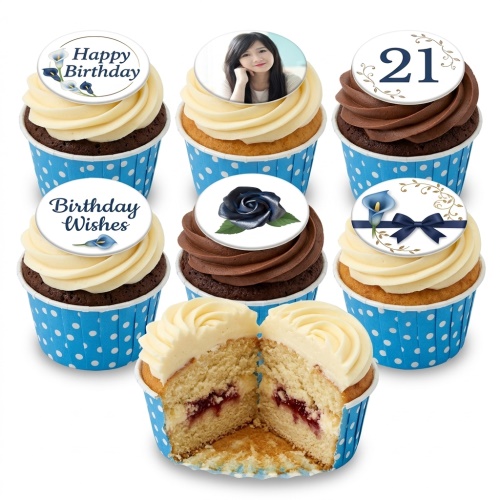 Assortment of personalised birthday cupcakes with custom photo, age topper, and floral designs in blue and white wrappers.