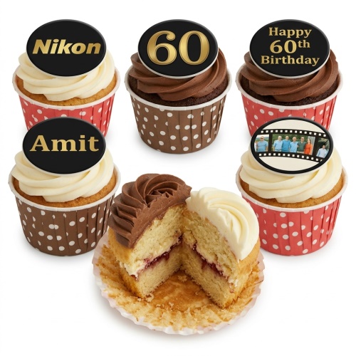 Assorted cupcakes with vanilla and chocolate frosting, featuring custom photo, age, and message toppers.
