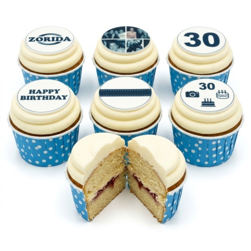 Set of personalised birthday cupcakes with custom photo, logo, message, and age 30 toppers.