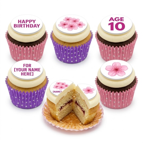 Six floral birthday cupcakes with pink cherry blossom toppers, custom age, and personalised name examples.