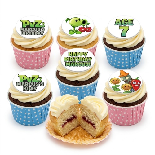 Plants vs Zombies themed cupcakes with various character toppers and custom age example on white frosting in pink and blue polka dot cases.