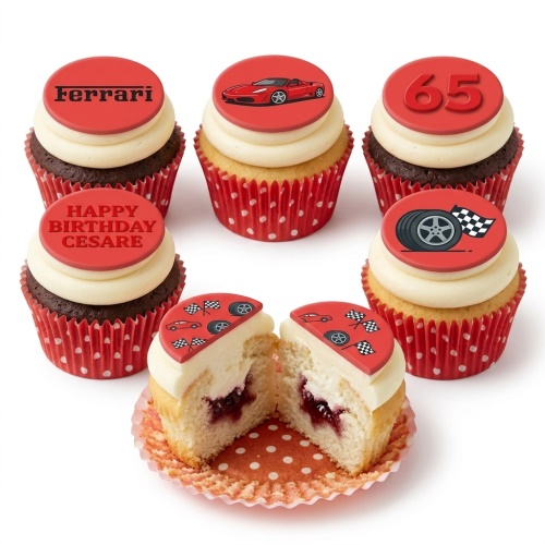 Red Ferrari themed birthday cupcakes with sports car, racing flag, wheel, and custom age toppers.