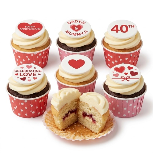 Selection of vanilla and chocolate cupcakes with white frosting and red and white heart-themed edible toppers, some with custom messages and a custom age topper.