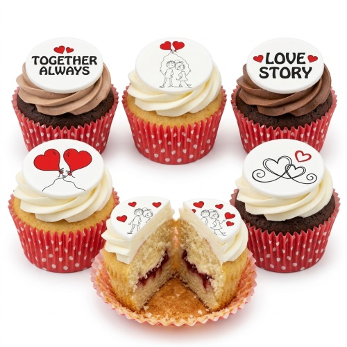 Six cupcakes with white and chocolate frosting, red and white polka dot cases, and love-themed edible toppers.