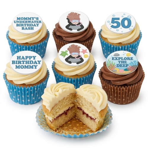 Assortment of vanilla and chocolate cupcakes with scuba diving and underwater themed edible toppers.