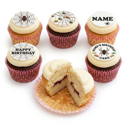 A selection of cupcakes with white frosting and edible spiderweb and bug toppers, some with 'Happy Birthday' and custom name examples.