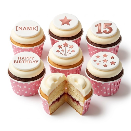 Birthday cupcakes with white frosting, rose gold star toppers, custom age, and personalised name.