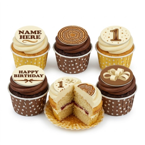 Assorted personalised birthday cupcakes with chocolate and vanilla frosting, featuring custom name, age 1, and Happy Birthday toppers.
