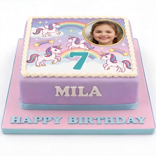 Two-tier unicorn birthday cake with rainbow, stars, clouds, custom photo, and custom age.