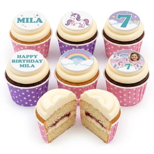 Unicorn cupcakes with rainbow, stars, and customisable photo and age toppers.