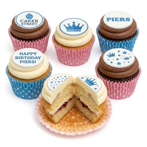 Assortment of chocolate and vanilla cupcakes with blue crown and star toppers, including custom message examples.
