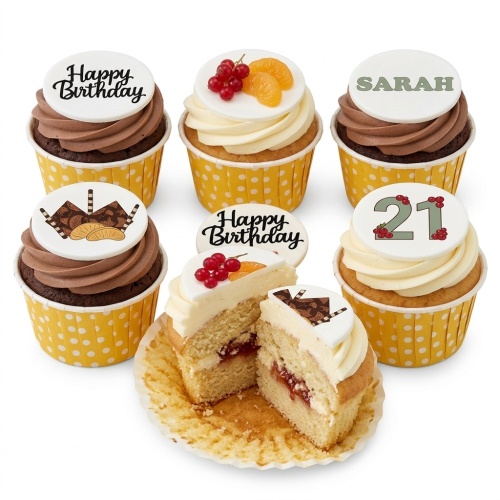 Birthday cupcakes with custom age and name toppers, plus fruit and chocolate designs.