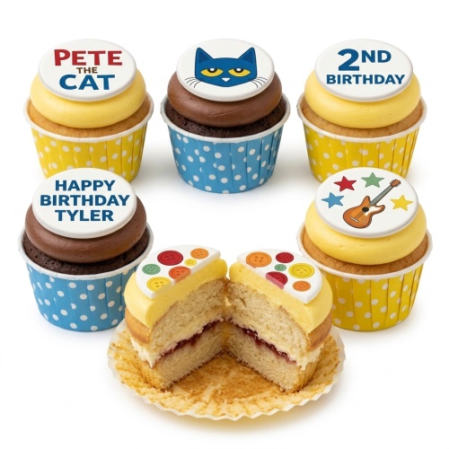 Pete the Cat themed cupcakes with guitar, stars, and colourful buttons on yellow and blue polka dot wrappers.