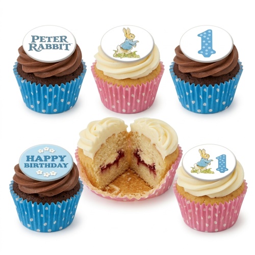 Peter Rabbit 1st Birthday Cupcakes with character toppers and 'Happy Birthday' message