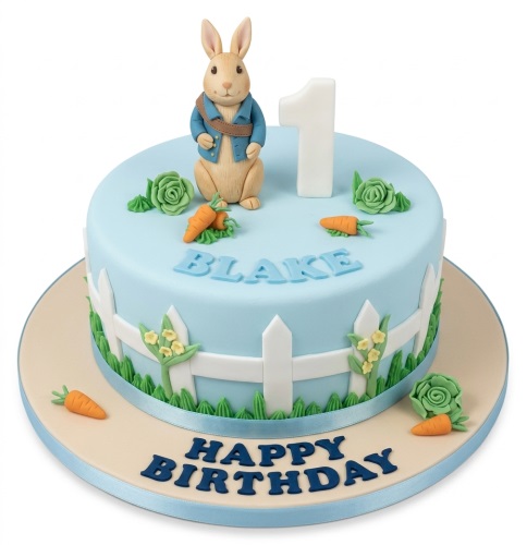 Round Peter Rabbit birthday cake with a number 1 topper, picket fence, carrots, and green roses.
