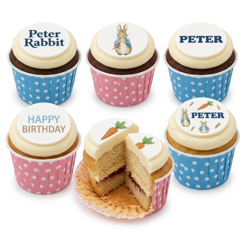 Peter Rabbit themed cupcakes with white frosting, blue and pink polka dot cases, and customisable toppers.