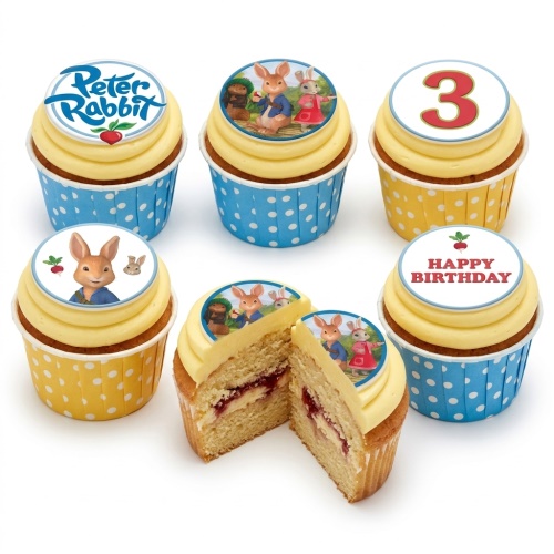 Peter Rabbit themed birthday cupcakes with yellow frosting, character toppers, and polka dot cases