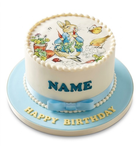 Round white Peter Rabbit birthday cake with edible illustration, blue ribbon, and custom name area.
