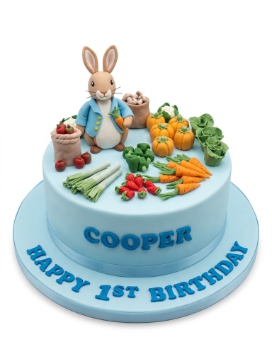 Peter Rabbit themed birthday cake with a rabbit figure and fondant vegetables on a light blue cake.