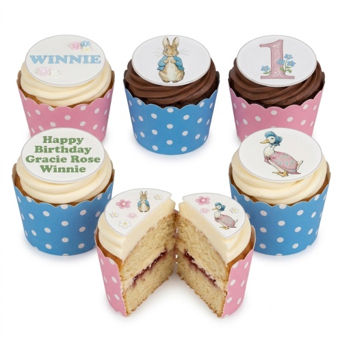 Peter Rabbit and Jemima Puddle-Duck themed birthday cupcakes with custom age topper and personalised message.