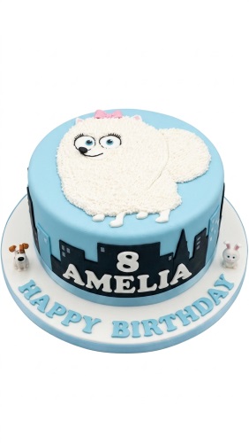 Round light blue Gidget Secret Life of Pets birthday cake with city skyline and custom age.