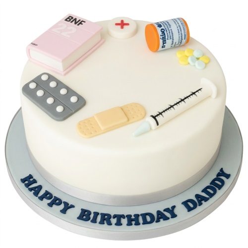 White round cake with medical themed fondant decorations including a book, pills, syringe, and plaster.