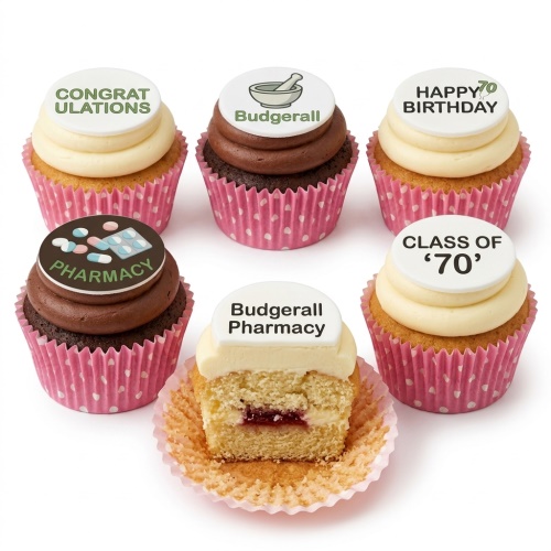 Vanilla and chocolate cupcakes with pharmacy-themed edible toppers and custom messages.
