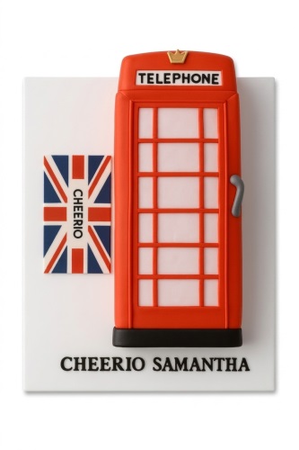 White cake with a 3D red London telephone box, Union Jack flag, and a custom message.
