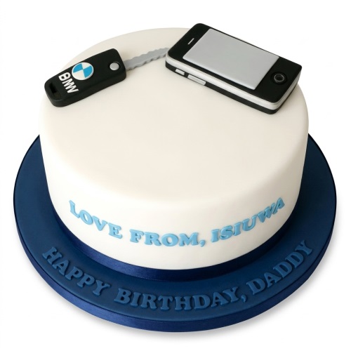 White round birthday cake with edible BMW car key and smartphone toppers on a blue base.