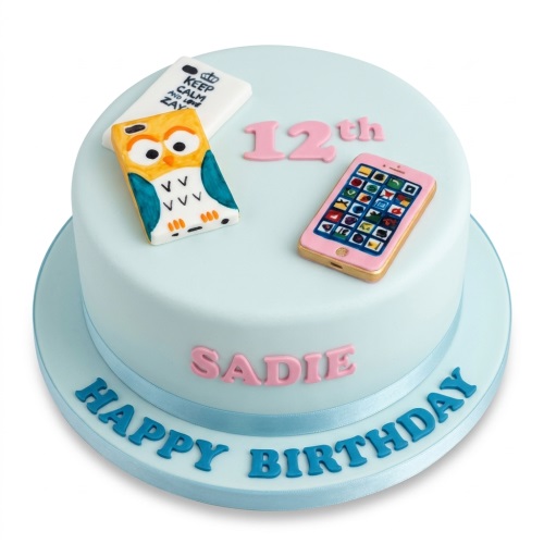 Light blue round birthday cake with edible smart phone, owl phone case, and custom age topper.