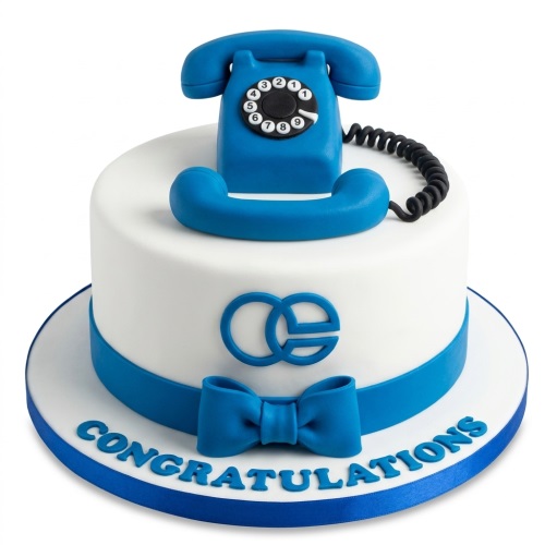 White single-tier cake with a blue retro telephone, blue bow tie, and 'Congratulations' message.