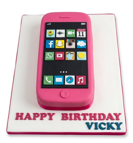 Pink mobile phone shaped birthday cake with colourful app icons and a personalised message.