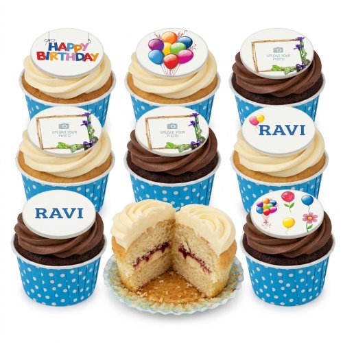 Assortment of personalised photo and balloon birthday cupcakes with custom name and "Happy Birthday" toppers.