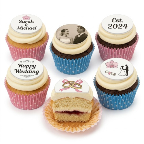 Wedding cupcakes with white frosting, custom photo, names, year, rings, and bride & groom toppers.