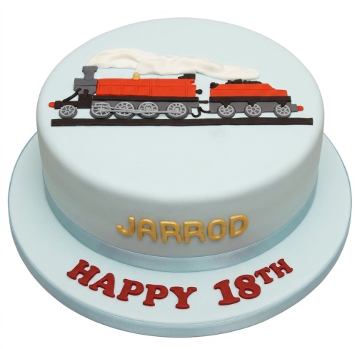 Round light blue fondant cake with a red and black train decoration, custom name, and custom age message.