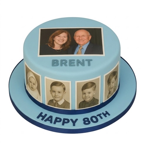 Round light blue photo birthday cake with multiple custom edible pictures and dark blue text.