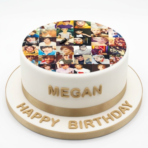 White round birthday cake with a custom photo collage top and gold personalised name.