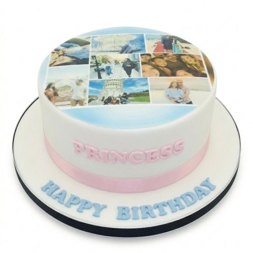 Round white birthday cake with an edible photo collage on top, a pink ribbon, and blue 'Happy Birthday' text.