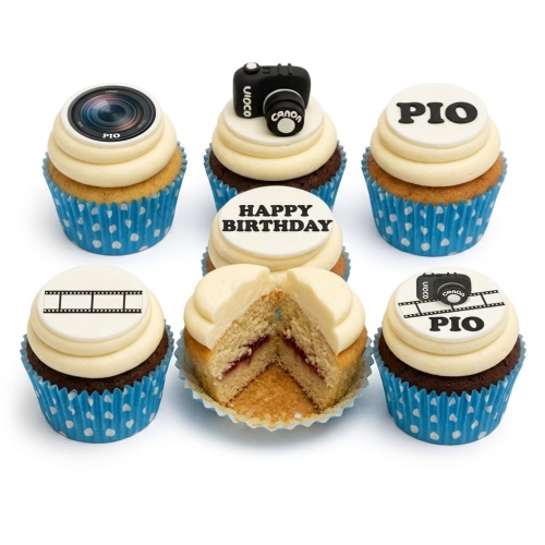 Photography theme cupcakes with camera, lens, and film strip toppers, and a 'Happy Birthday' message.