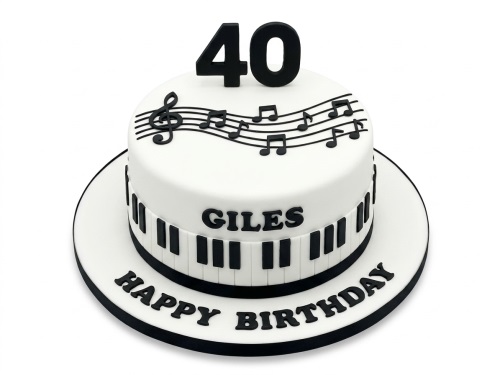 White round birthday cake with black piano keys, musical notes, and custom age topper.