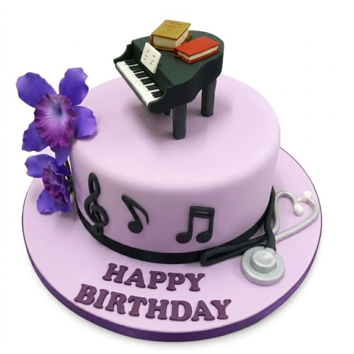 Elegant lilac birthday cake with a grand piano, musical notes, stethoscope, and purple flowers.