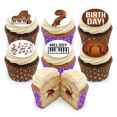 Assortment of music-themed birthday cupcakes with piano, violin, and musical note toppers.