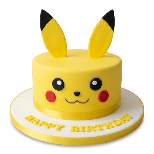 Yellow round Pikachu character birthday cake with black ears and red cheeks.